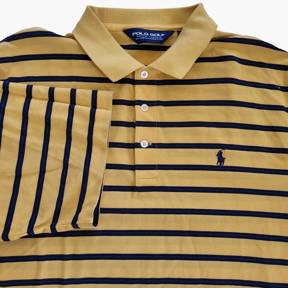 Polo Golf Ralph Lauren Mens Large Yellow Navy Striped Pima Cotton Polo Shirt‎